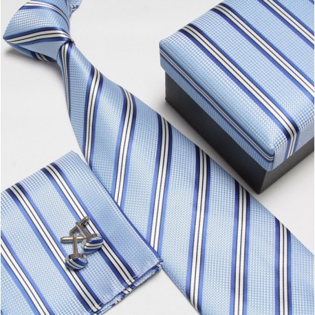 Darčekový box modrá kravata, vreckovka a manžetové gombíky