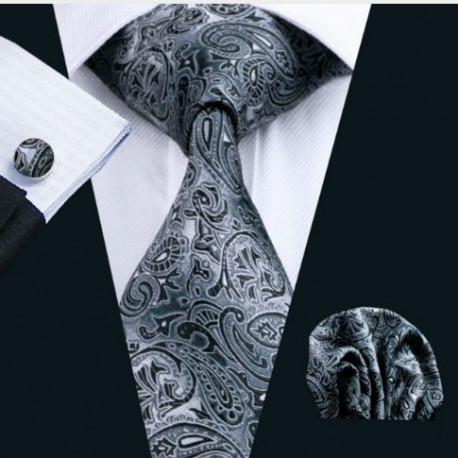 Darčeková sada šedá kravata, vreckovka a manžetové gombíky